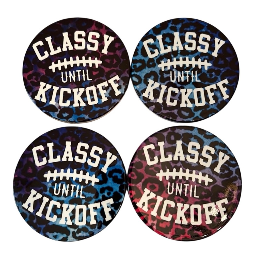 “Classy until kickoff” leopard print ceramic coasters